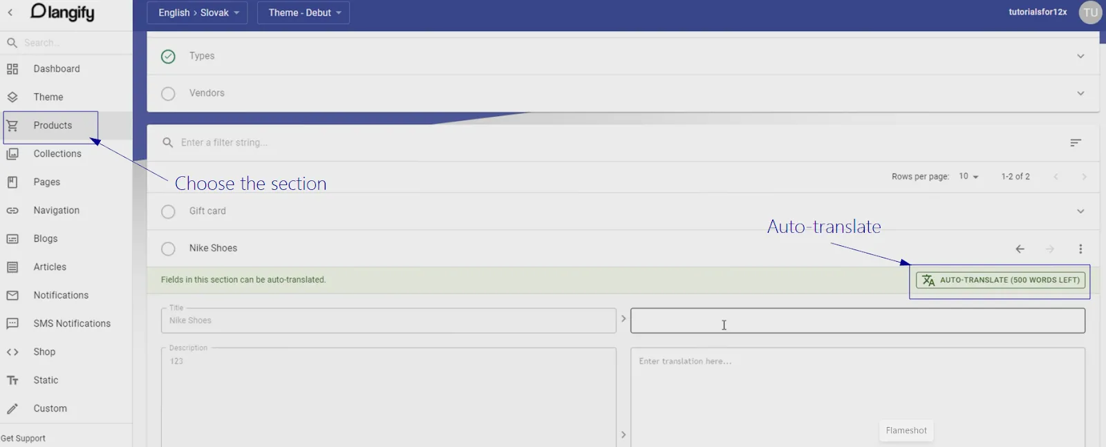Step 5: Access tabs like Products, Collections, and Pages